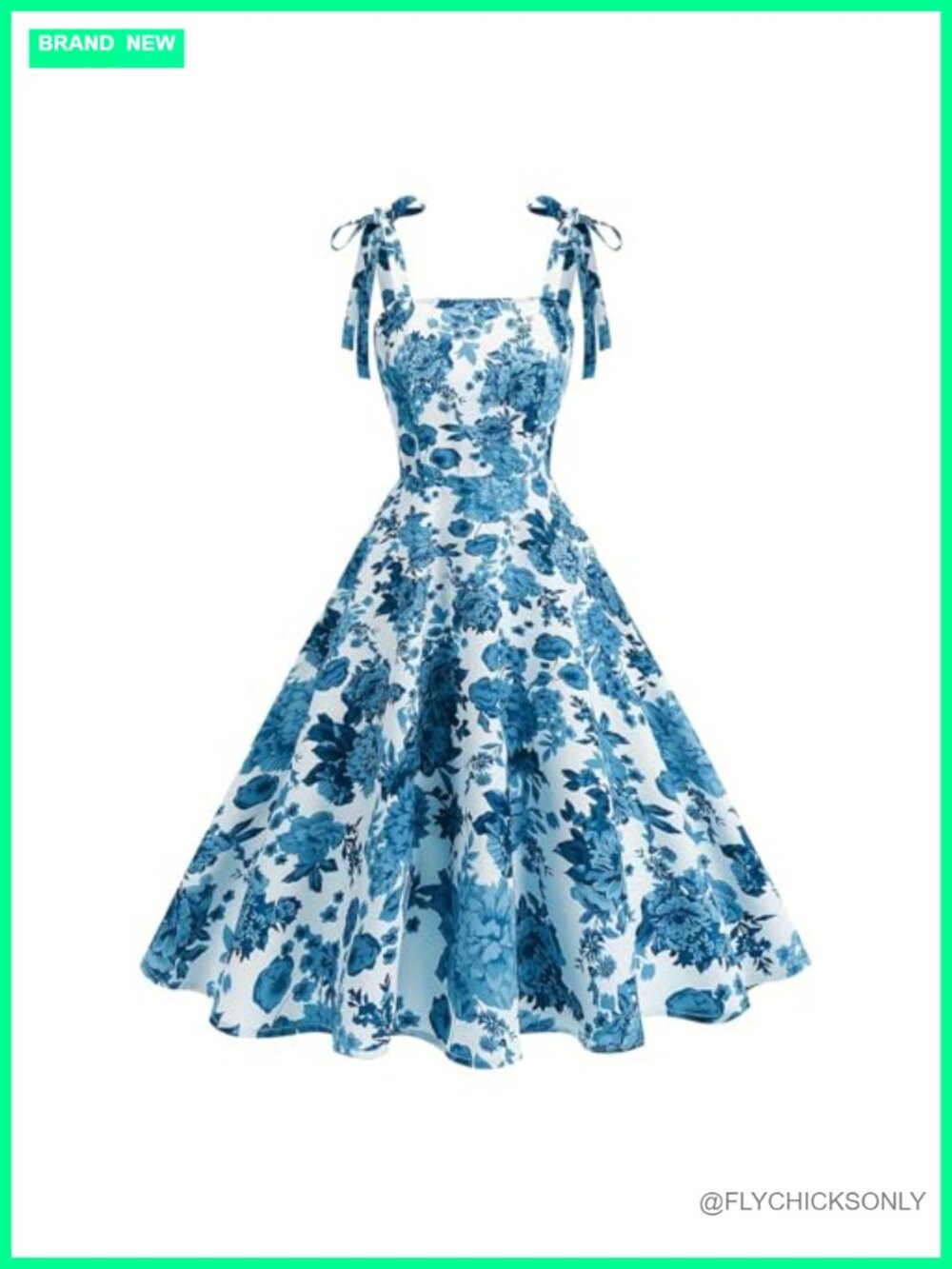 Retro Floral Midi Swing Dress Tie Knot Spaghetti Strap Cocktail